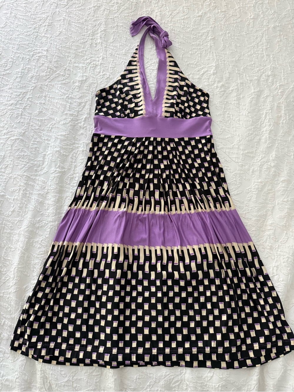 BCBGMAXAZRIA Purple Black Geometric Halter Dress XS